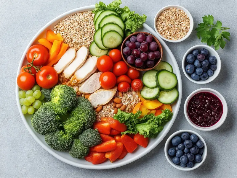 Top view of a balanced dinner plate with vegetables, whole grains, and lean protein arranged in proportional sections